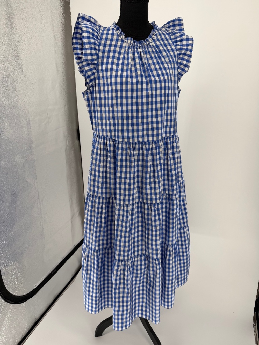 J.Crew Blue White Gingham Ruffle Tiered Midi Dress S Pockets